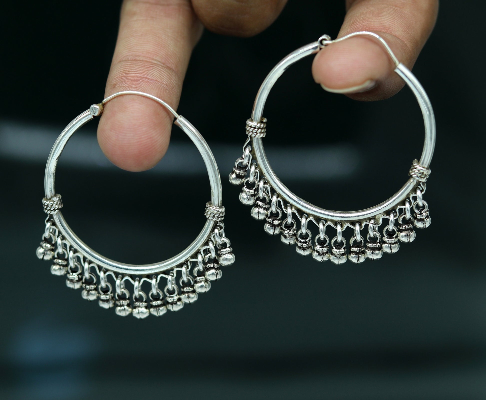 925 sterling silver handmade fabulous hoops earring with gorgeous hanging drops, customized large earring personalized gift s869 - TRIBAL ORNAMENTS