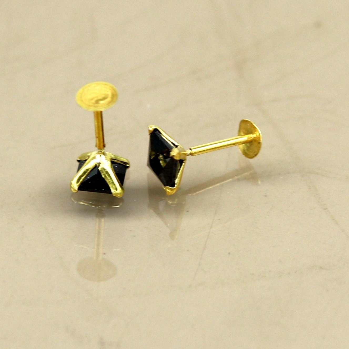 4mm 18kt yellow gold handmade single black stone stud earring, excellent light weight daily use customized gifting unisex jewelry er106 - TRIBAL ORNAMENTS