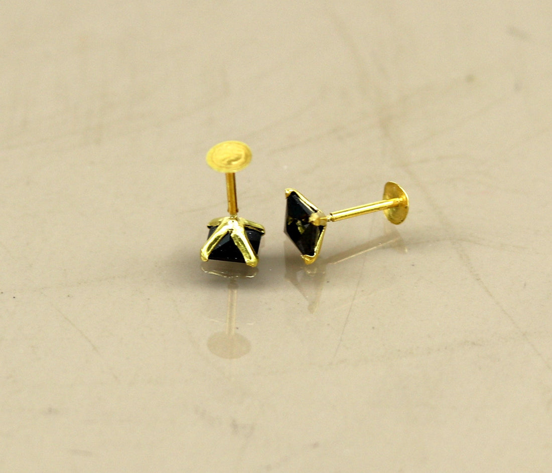 4mm 18kt yellow gold handmade single black stone stud earring, excellent light weight daily use customized gifting unisex jewelry er106 - TRIBAL ORNAMENTS