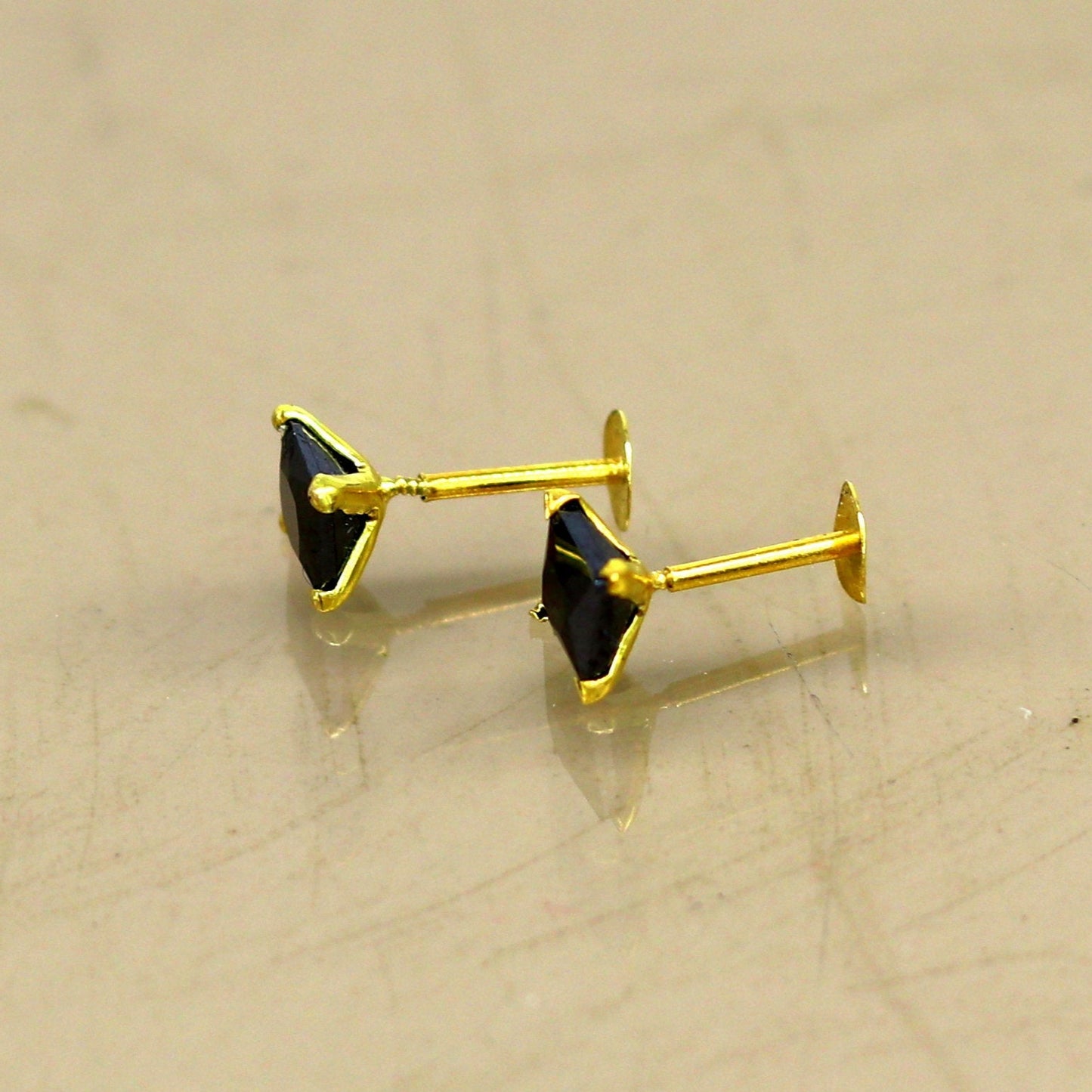 4mm 18kt yellow gold handmade single black stone stud earring, excellent light weight daily use customized gifting unisex jewelry er106 - TRIBAL ORNAMENTS