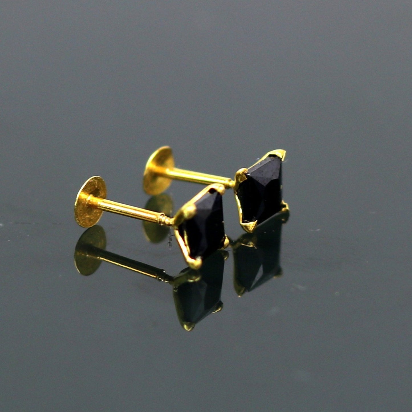 4mm 18kt yellow gold handmade single black stone stud earring, excellent light weight daily use customized gifting unisex jewelry er106 - TRIBAL ORNAMENTS