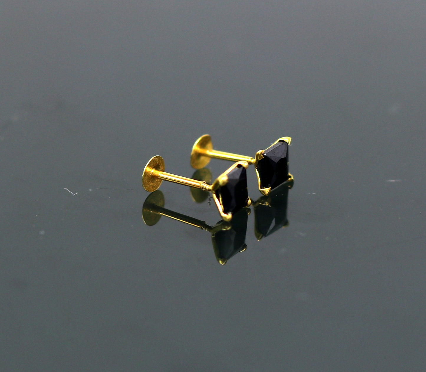 4mm 18kt yellow gold handmade single black stone stud earring, excellent light weight daily use customized gifting unisex jewelry er106 - TRIBAL ORNAMENTS