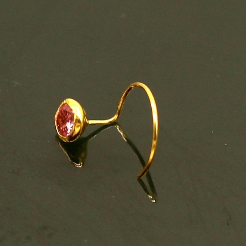 3.5mm tiny single pink stone 18kt yellow gold handmade nose pin, excellent L band nose plug, nose wire, cartilage jewelry for girl's gnp34 - TRIBAL ORNAMENTS
