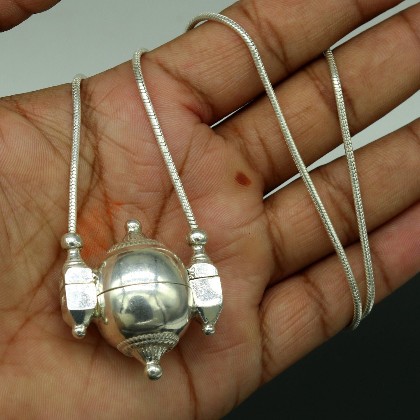Sterling silver handmade solid silver chain and Shiva lingam box, box pendant necklace set, container pendant tribal jewelry india set121 - TRIBAL ORNAMENTS