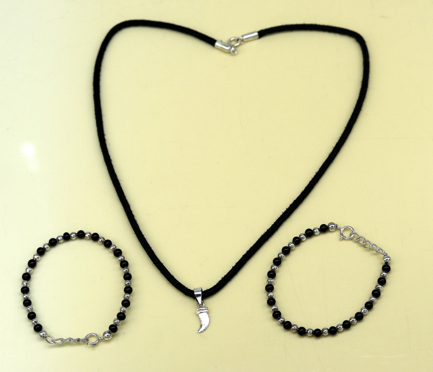 925 sterling silver handmade baby necklace pendant set with gorgeous adjustable black beads bracelet and 3 little pendants jewelry babyset1 - TRIBAL ORNAMENTS