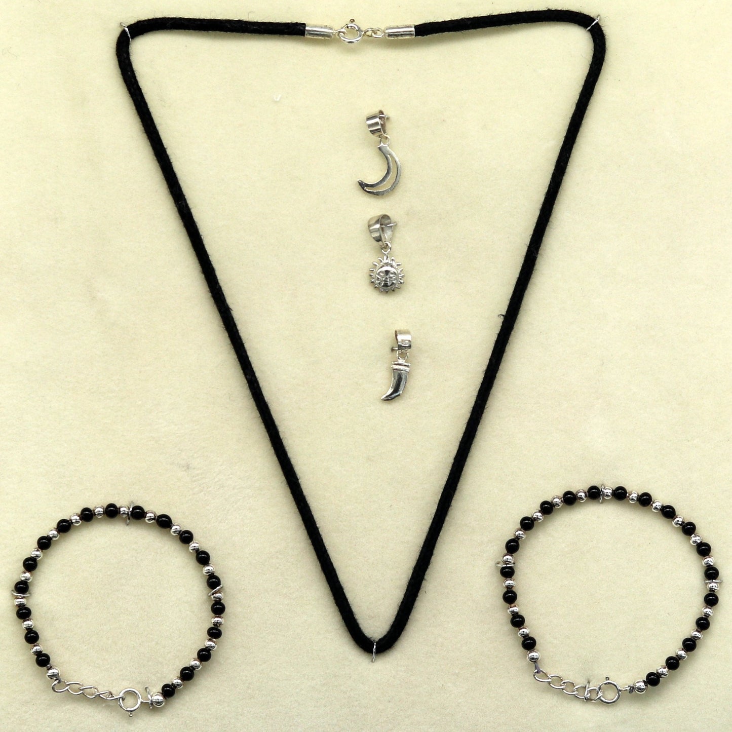 925 sterling silver handmade baby necklace pendant set with gorgeous adjustable black beads bracelet and 3 little pendants jewelry babyset1 - TRIBAL ORNAMENTS