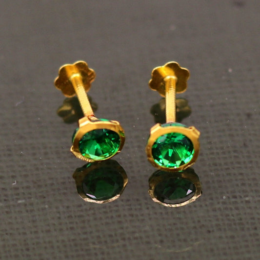 4.2mm 18k yellow gold handmade fabulous green cubic zircon stone excellent antique vintage design stud earrings pair unisex jewelry er113 - TRIBAL ORNAMENTS