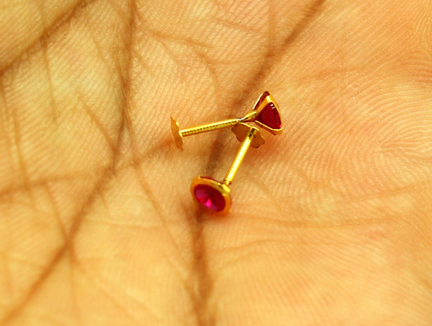 4mm 18k yellow gold handmade fabulous red cubic zircon stone excellent antique vintage design stud earrings pair unisex jewelry er114 - TRIBAL ORNAMENTS
