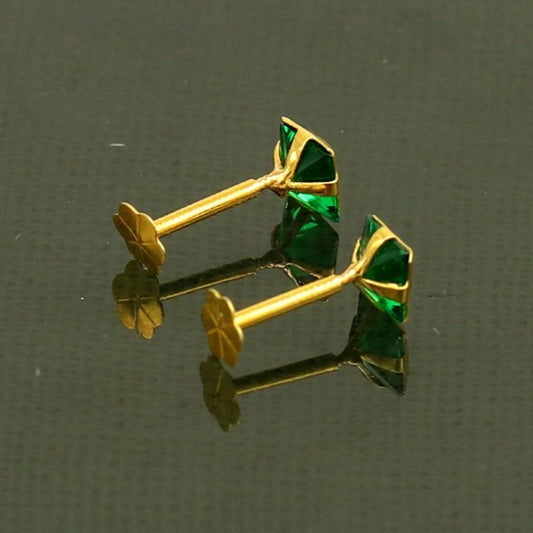 3MM OR 4mm single Green stone 18kt yellow gold handmade square shape fabulous screw back stud earring or nose pin unisex jewelry er121 - TRIBAL ORNAMENTS
