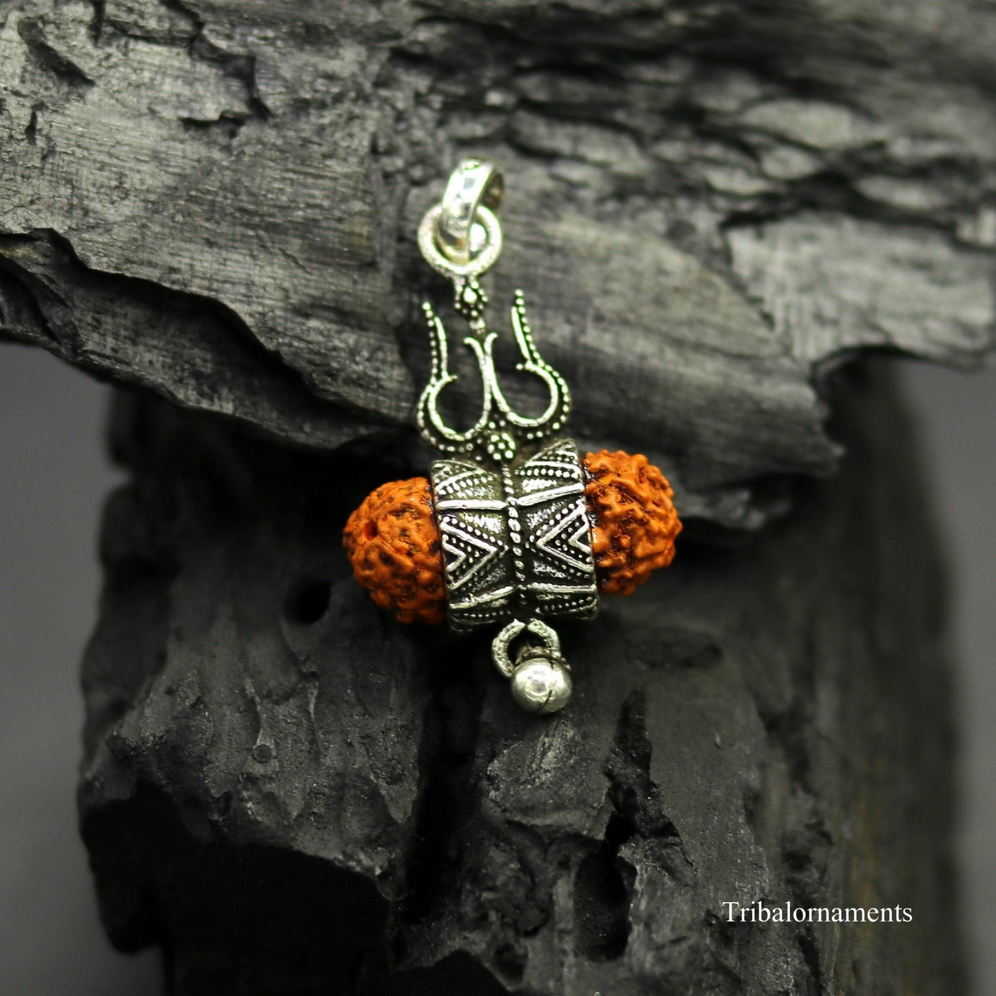 925 sterling silver handmade fabulous natural rudraksh lord shiva trident shape vintage design pendant with hanging drops jewelry nsp377 - TRIBAL ORNAMENTS