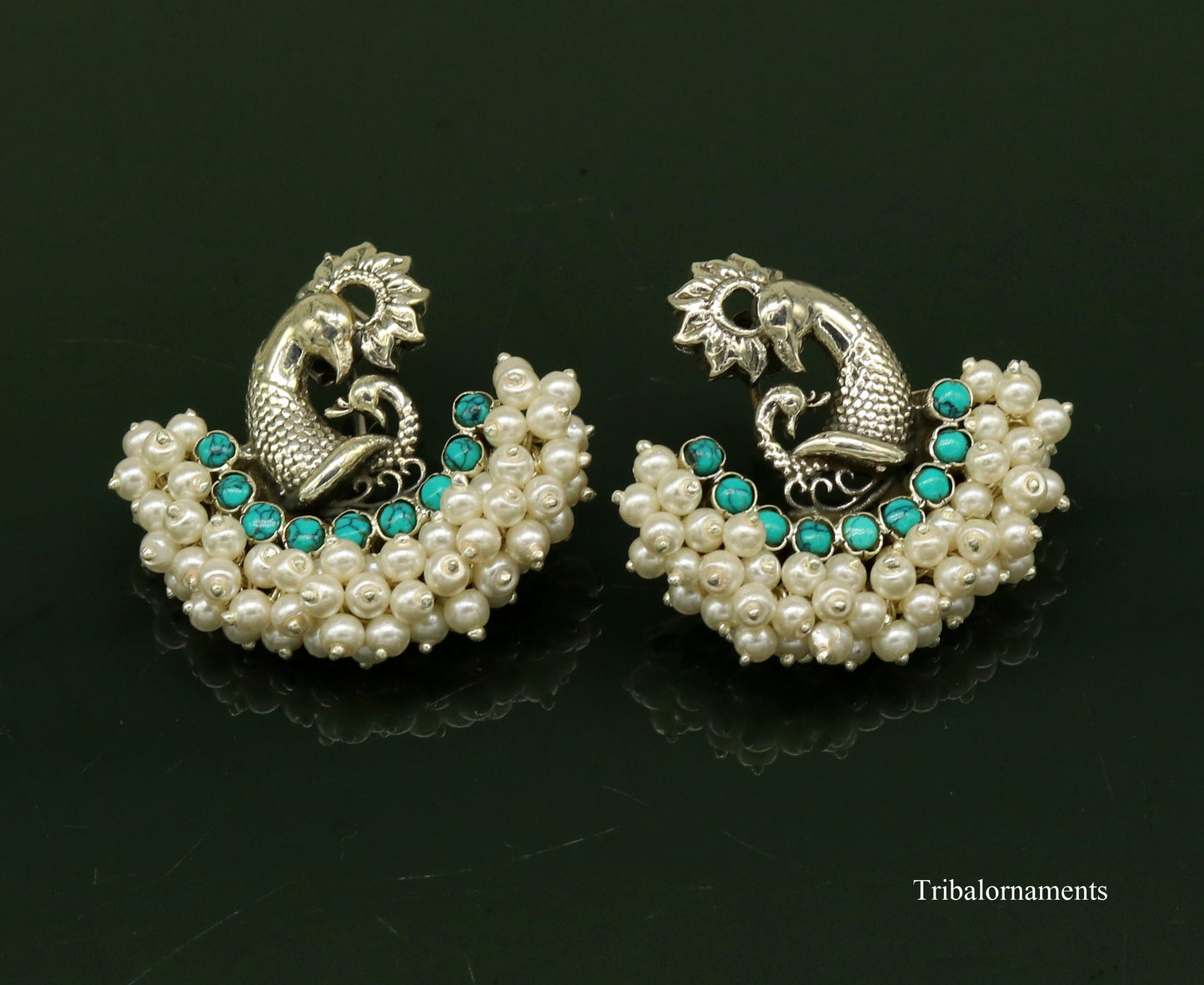 925 sterling silver handmade gorgeous peacock design stud earring with gorgeous turquoise and pearl customized earring tribal jewelry s858 - TRIBAL ORNAMENTS