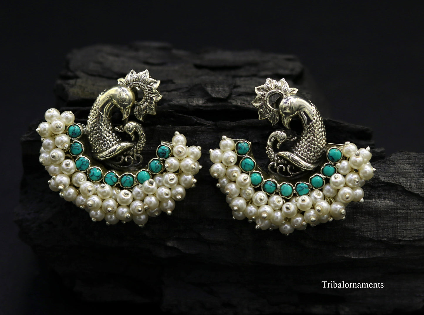 925 sterling silver handmade gorgeous peacock design stud earring with gorgeous turquoise and pearl customized earring tribal jewelry s858 - TRIBAL ORNAMENTS