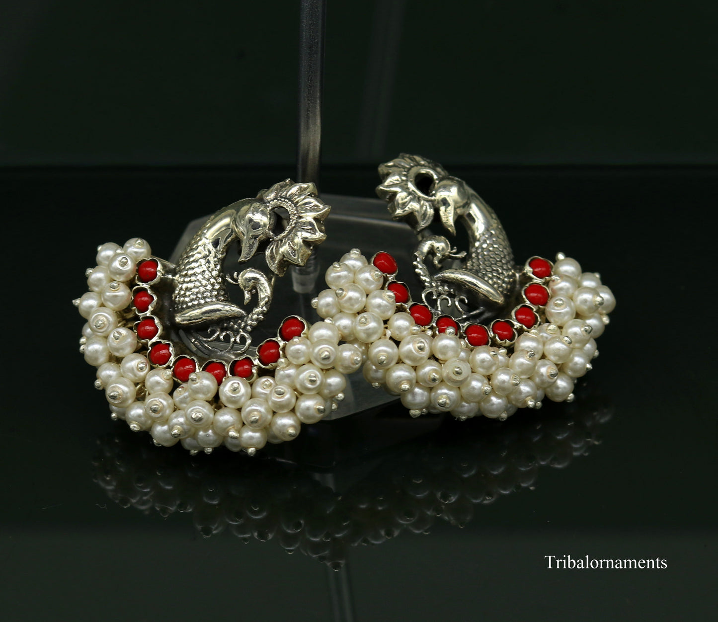 925 sterling silver handmade gorgeous peacock design stud earring with gorgeous red and pearl stone customized earring tribal jewelry s859 - TRIBAL ORNAMENTS