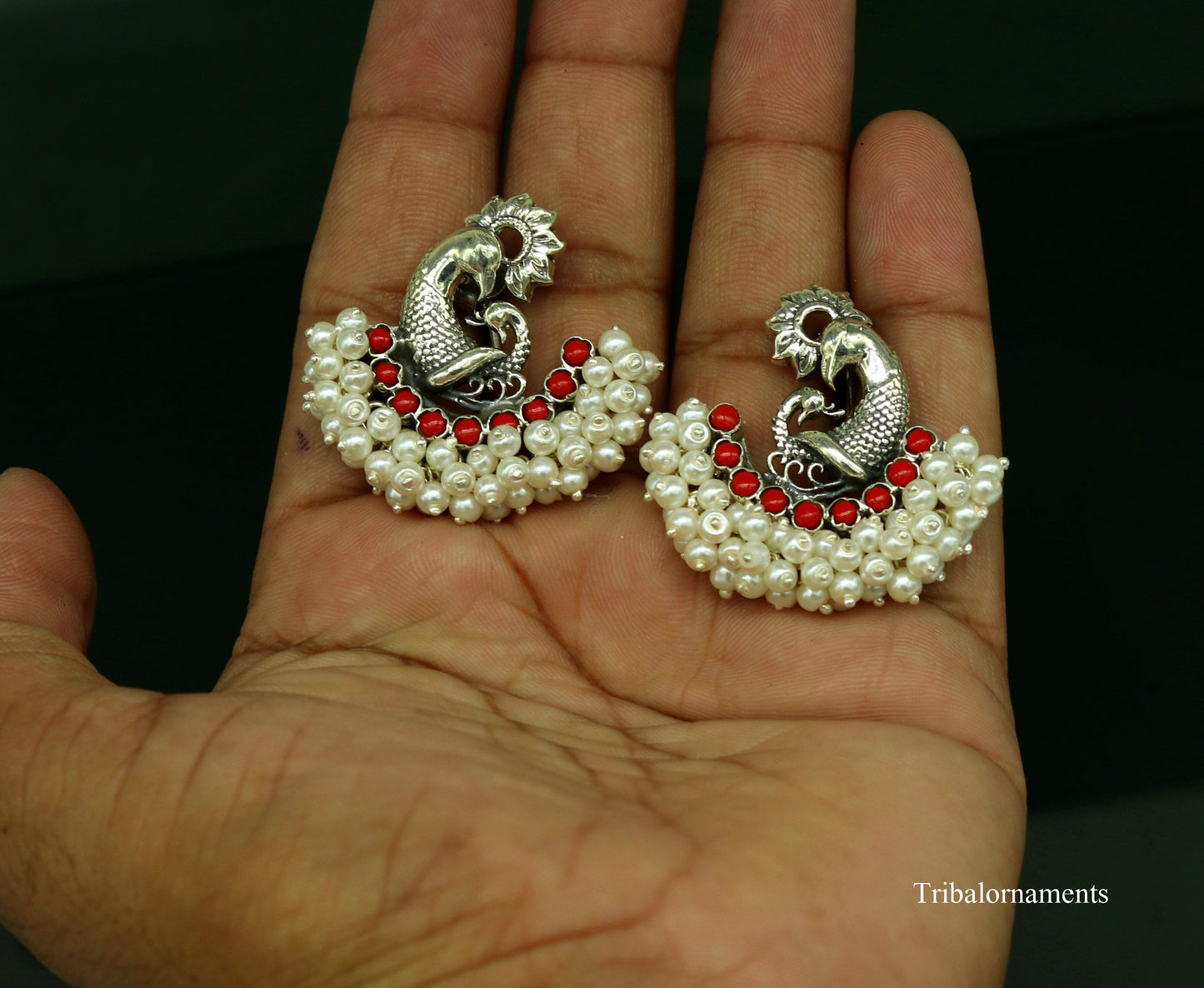 925 sterling silver handmade gorgeous peacock design stud earring with gorgeous red and pearl stone customized earring tribal jewelry s859 - TRIBAL ORNAMENTS