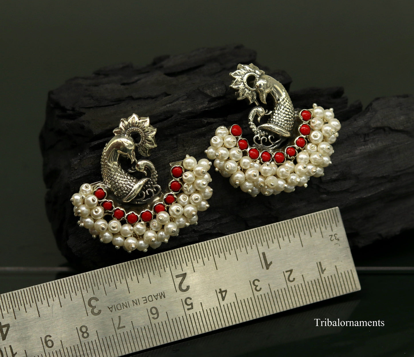 925 sterling silver handmade gorgeous peacock design stud earring with gorgeous red and pearl stone customized earring tribal jewelry s859 - TRIBAL ORNAMENTS