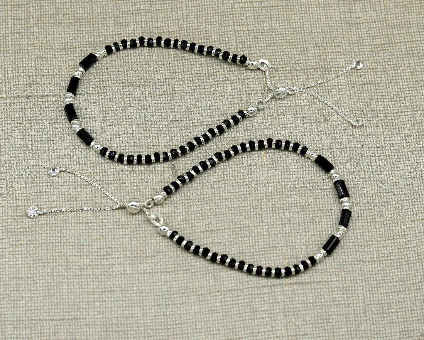 7 inches long handmade 925 sterling silver fabulous silver beads, black stone charm adjustable customized single bracelet for girl's gifting sbr170 - TRIBAL ORNAMENTS