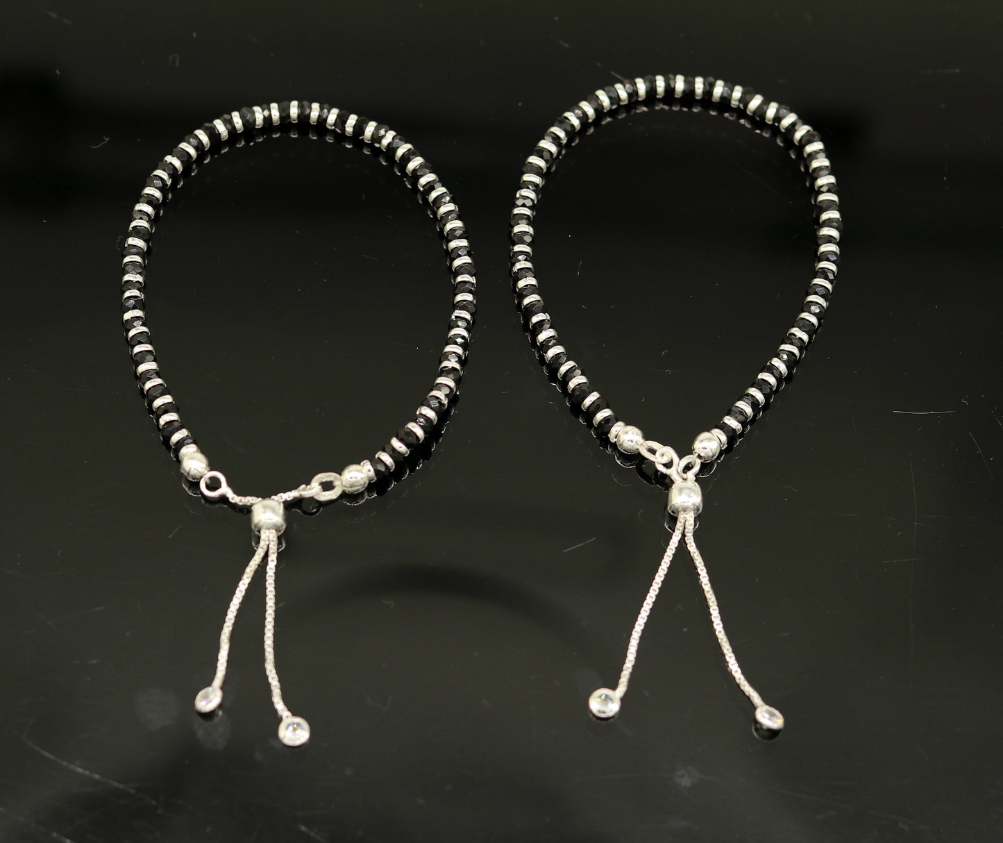 7 inches long handmade 925 sterling silver fabulous silver beads, black stone charm adjustable customized bracelet for girl's gifting sbr171 - TRIBAL ORNAMENTS