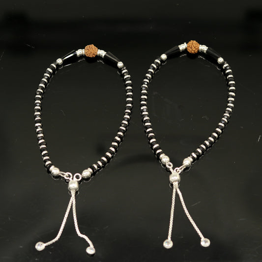 925 sterling silver handmade silver Rudraksh and black beads bracelet , pretty charm bracelet, customized beaded jewelry for girls sbr175 - TRIBAL ORNAMENTS