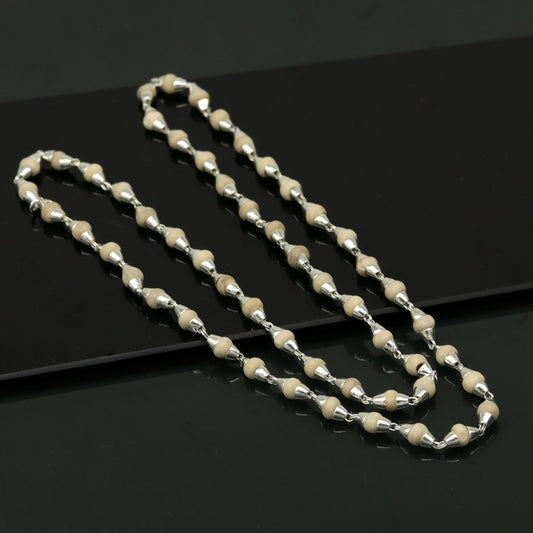 24" Sterling silver handmade wooden beads basil rosary 54  beads silver chain necklace unisex jewelry , tulsi mala customized necklace ch80 - TRIBAL ORNAMENTS