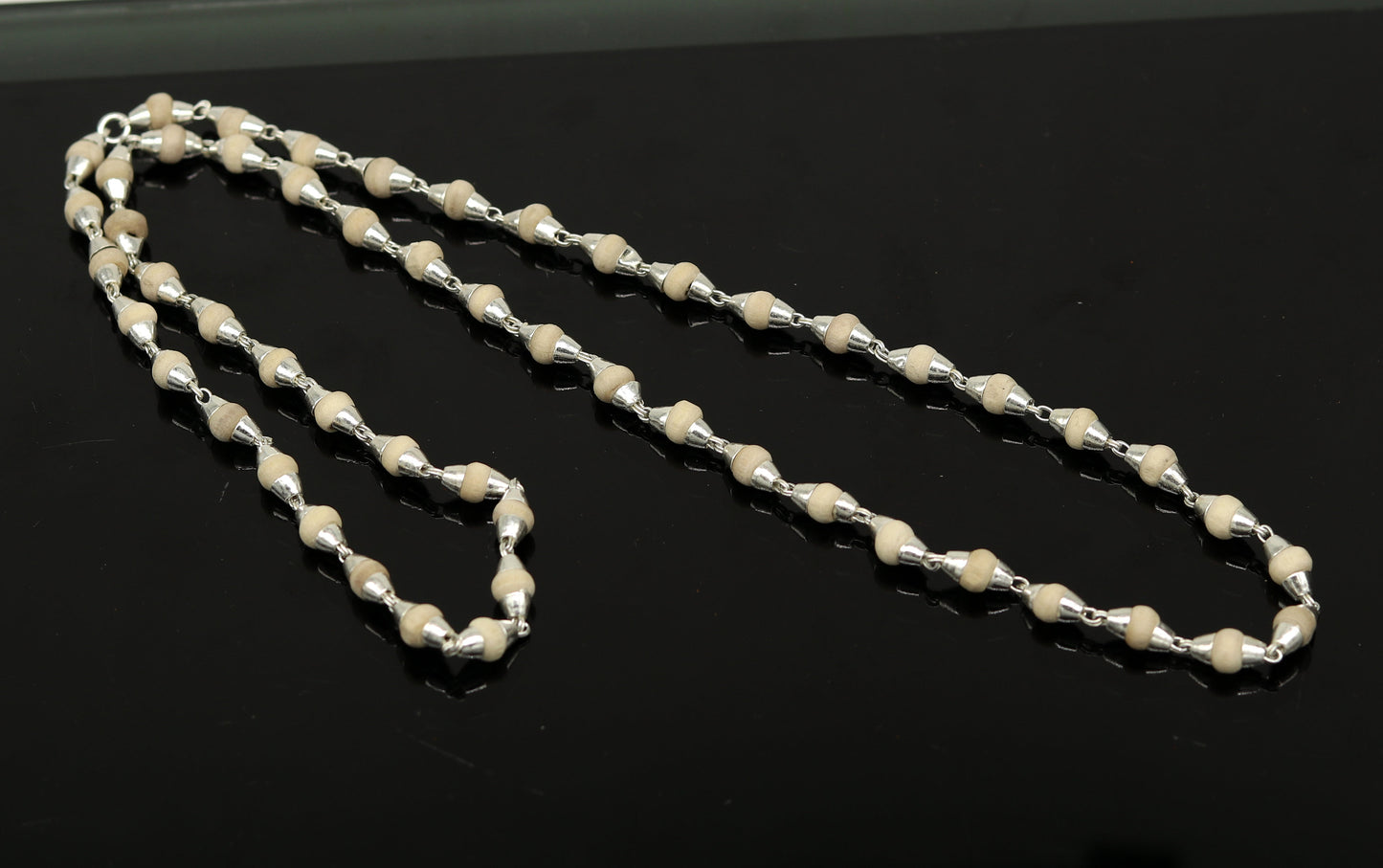 24" Sterling silver handmade wooden beads basil rosary 54  beads silver chain necklace unisex jewelry , tulsi mala customized necklace ch80 - TRIBAL ORNAMENTS