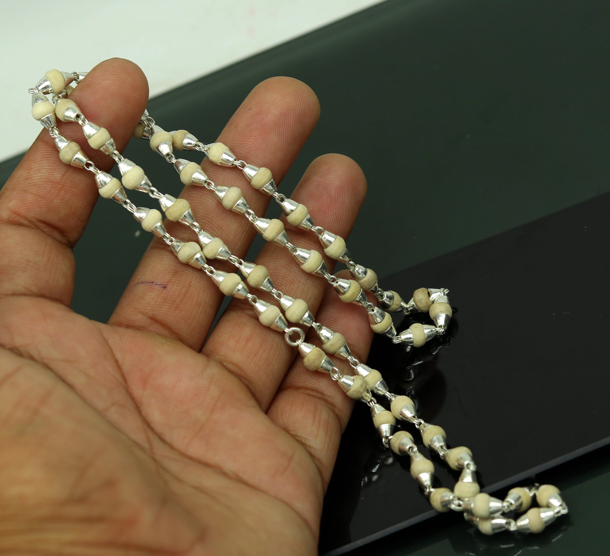 24" Sterling silver handmade wooden beads basil rosary 54  beads silver chain necklace unisex jewelry , tulsi mala customized necklace ch80 - TRIBAL ORNAMENTS