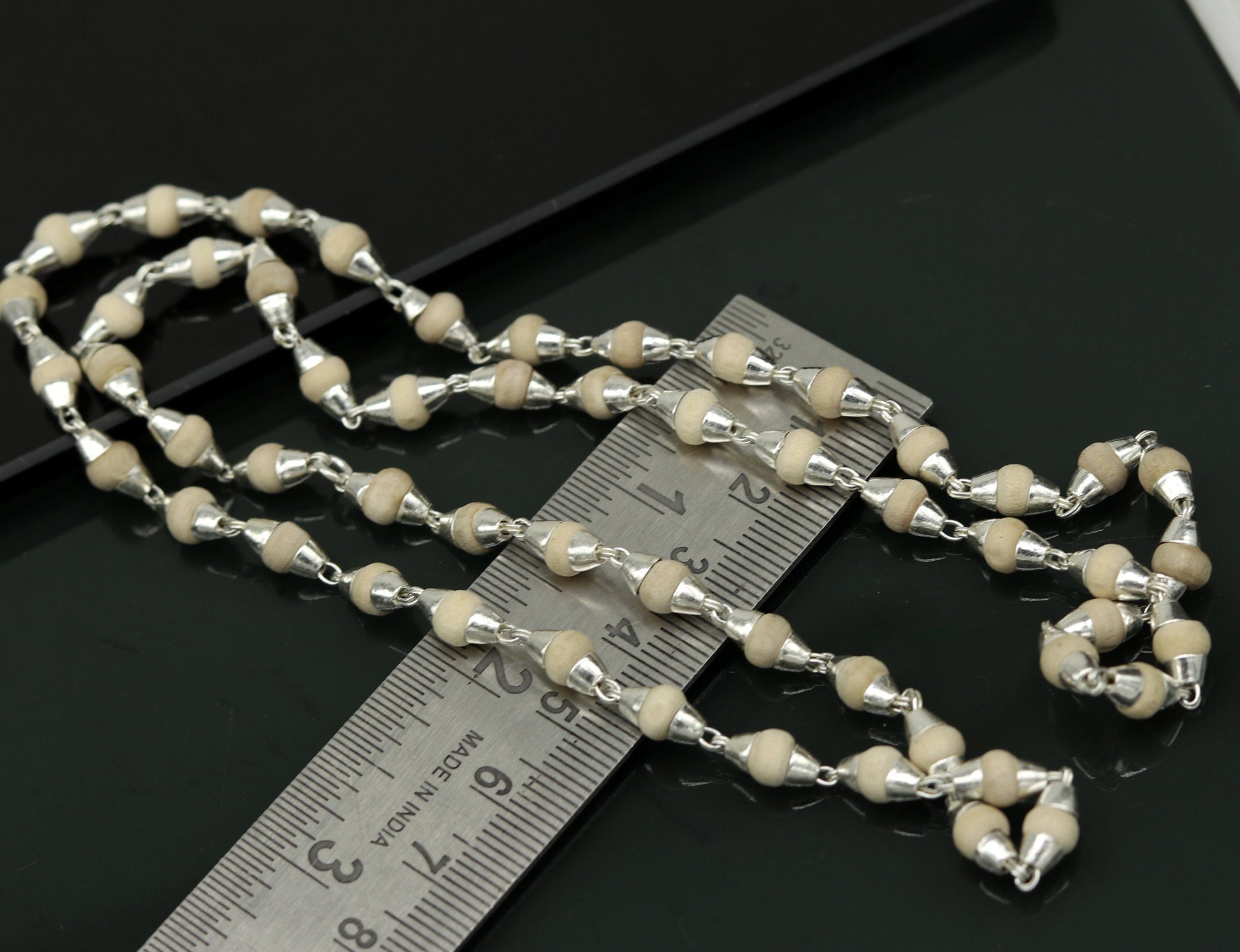 24" Sterling silver handmade wooden beads basil rosary 54  beads silver chain necklace unisex jewelry , tulsi mala customized necklace ch80 - TRIBAL ORNAMENTS