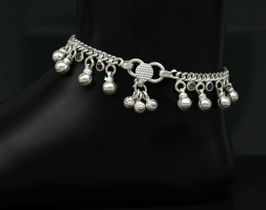 8" long handmade 925 sterling silver with gorgeous hanging noisy bells and multicolor stone, excellent charm ankle bracelet, anklets ank217 - TRIBAL ORNAMENTS