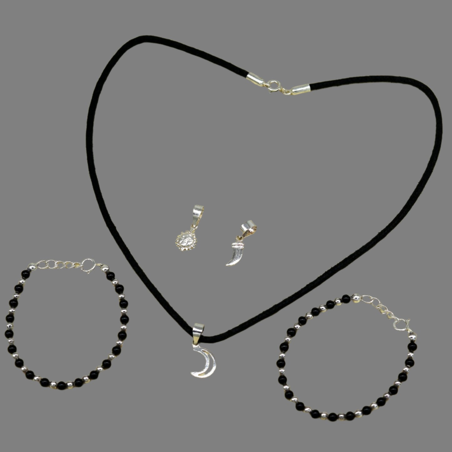 925 sterling silver handmade baby necklace pendant set with gorgeous adjustable black beads bracelet and 3 little pendants jewelry babyset1 - TRIBAL ORNAMENTS