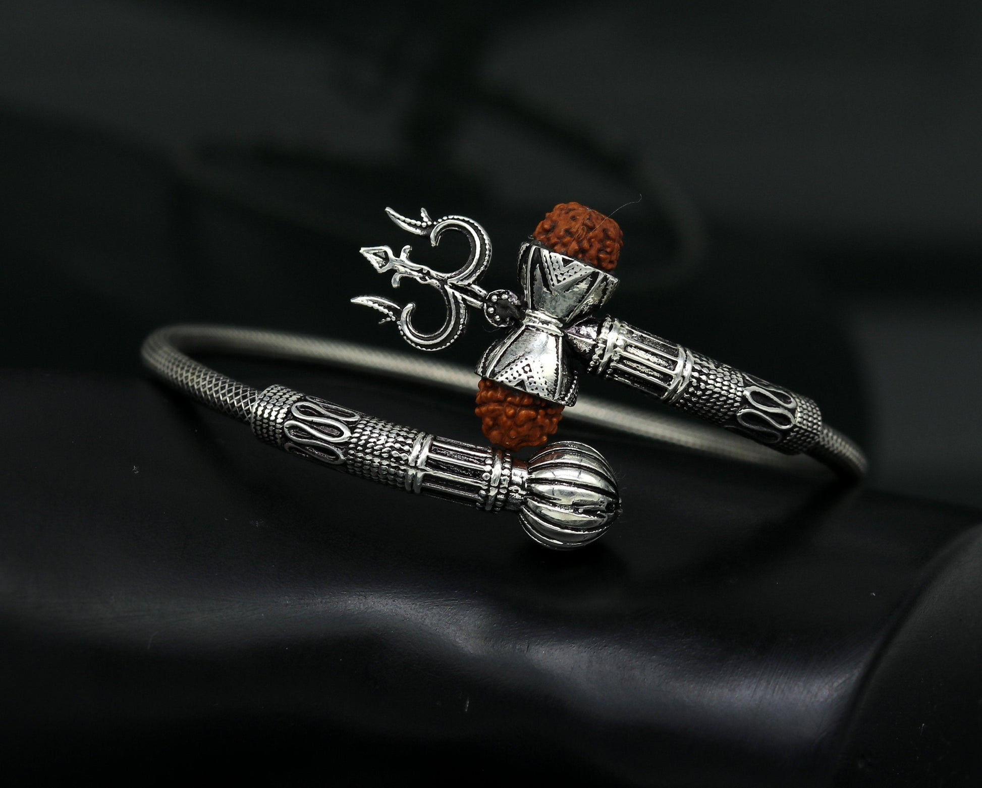 Vintage design pure 925 silver fabulous customized lord shiva bangle bracelet, excellent trident trishul rudraksha unisex jewelry nsk344 - TRIBAL ORNAMENTS