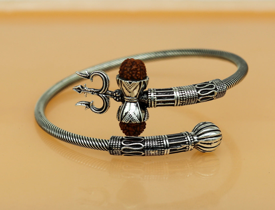 925 sterling silver handmade gorgeous customized lord shiva bangle bracelet, excellent trident trishul with rudraksha unisex jewelry nssk17 - TRIBAL ORNAMENTS