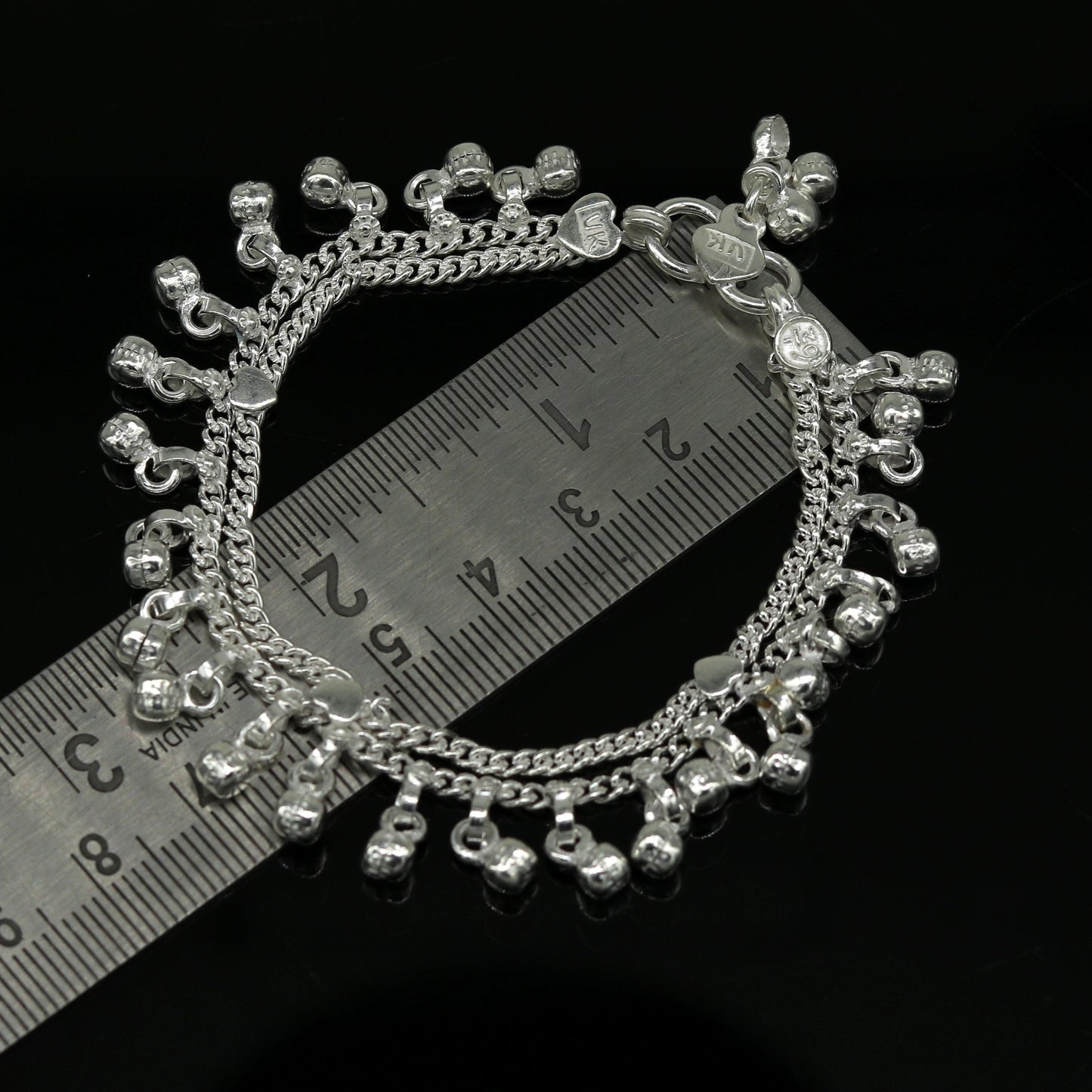 6.2" Sterling silver handmade baby anklet charm ankle bracelet, fabulous hanging noisy bells, excellent unisex baby foot bracelet ank238 - TRIBAL ORNAMENTS