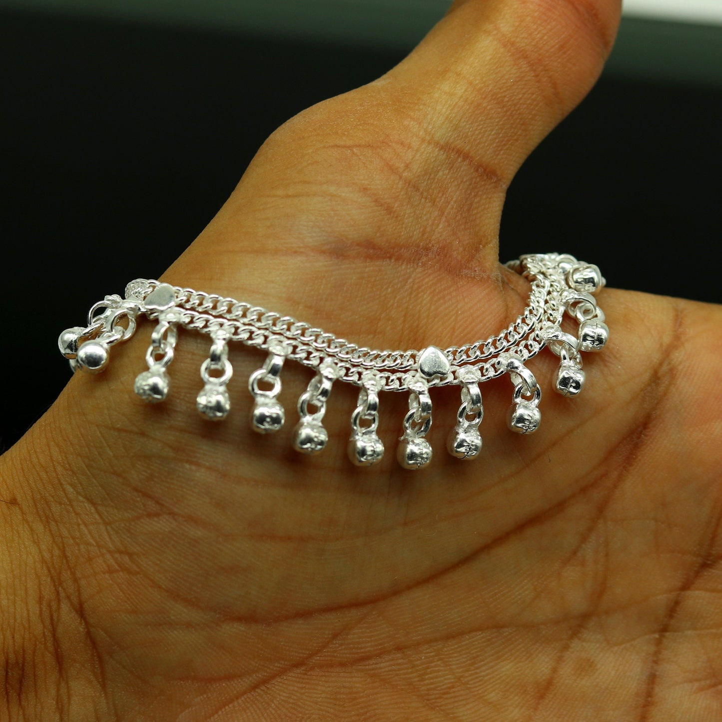 6.2" Sterling silver handmade baby anklet charm ankle bracelet, fabulous hanging noisy bells, excellent unisex baby foot bracelet ank238 - TRIBAL ORNAMENTS