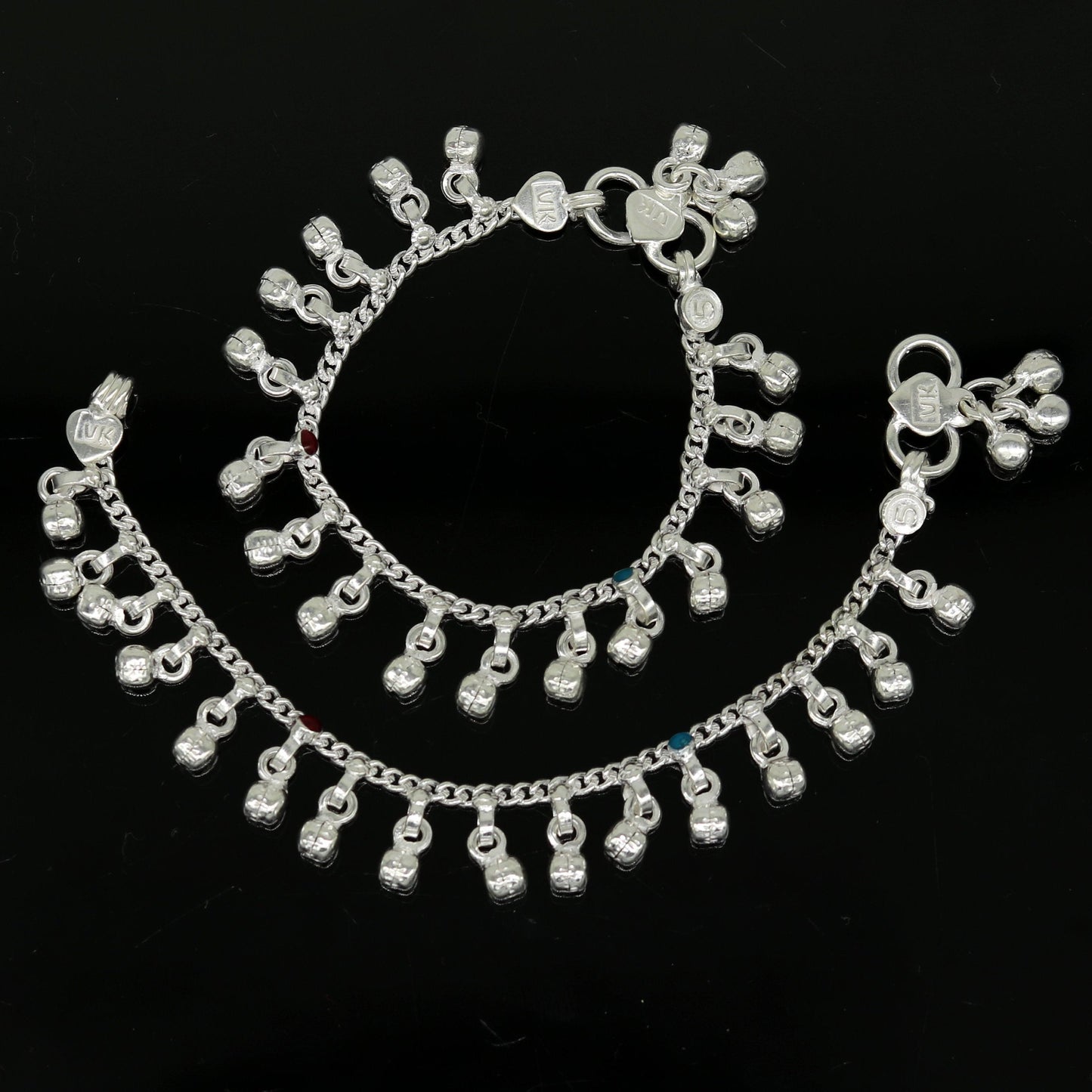 5.2" Inches long sterling silver handmade gorgeous charm baby anklets, excellent hanging noisy bells kids customized kids jewelry ank240 - TRIBAL ORNAMENTS