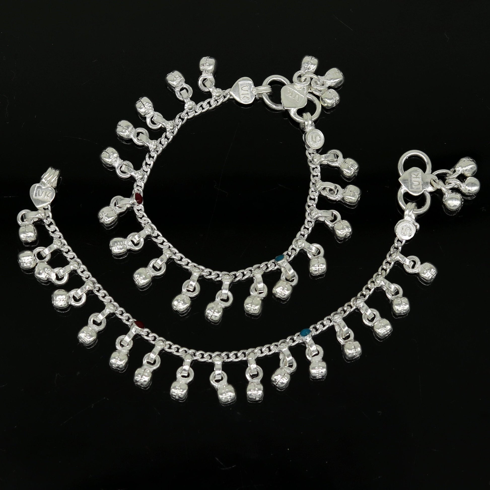5.2" Inches long sterling silver handmade gorgeous charm baby anklets, excellent hanging noisy bells kids customized kids jewelry ank240 - TRIBAL ORNAMENTS