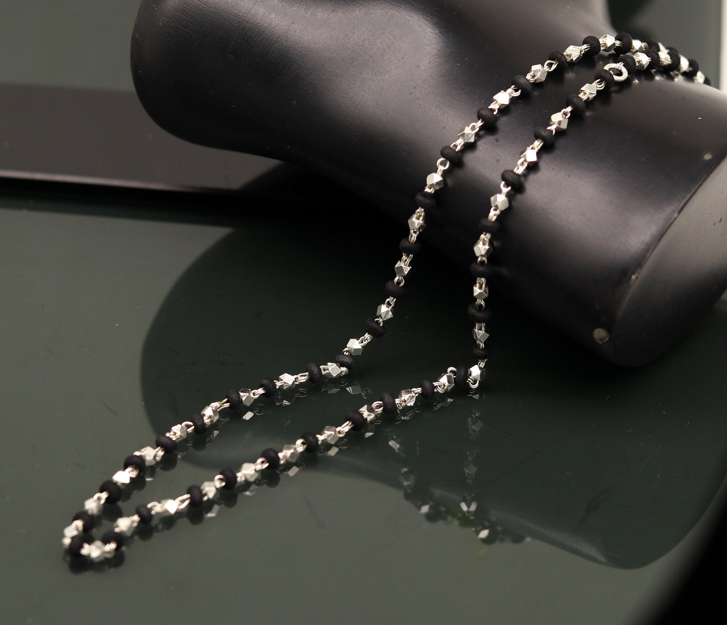 24" Sterling silver handmade wooden beads black basil rosary silver chain necklace unisex jewelry , tulsi mala customized necklace ch82 - TRIBAL ORNAMENTS