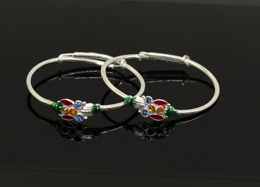 Handmade vintage customized design silver adjustable baby bangle kada, awesome enamel design bangle bracelet unisex kids jewelry nbbk92 - TRIBAL ORNAMENTS
