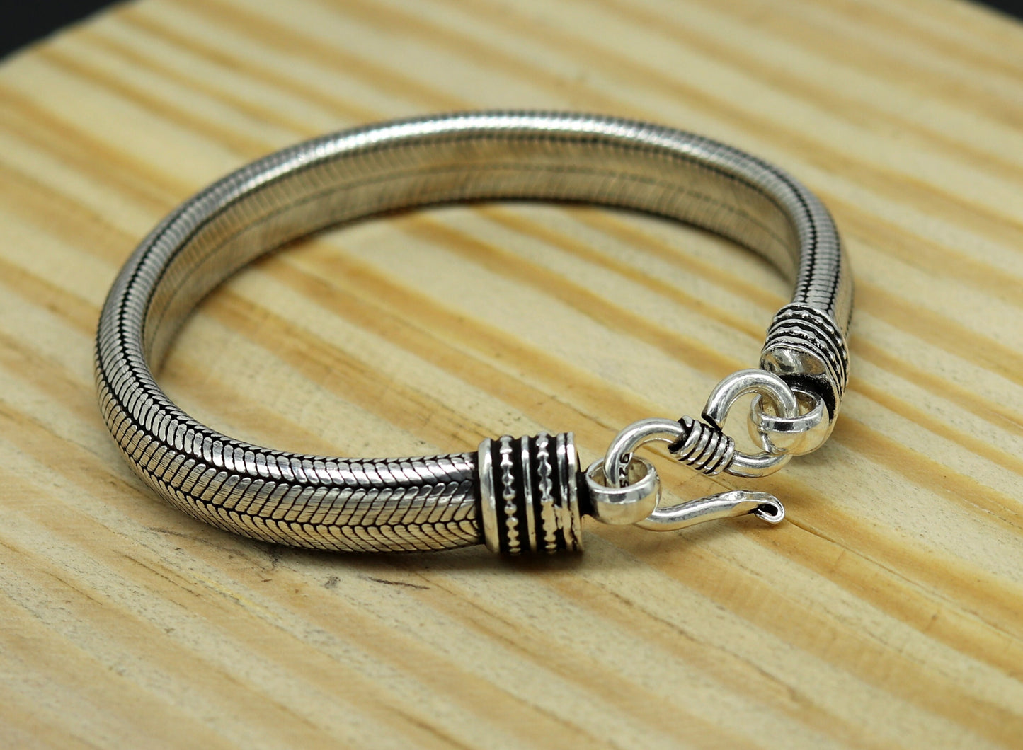 7.5" solid 925 sterling silver handmade snake chain heavy customized D shape half round design bracelet, personalized gifting jewelry sbr204 - TRIBAL ORNAMENTS