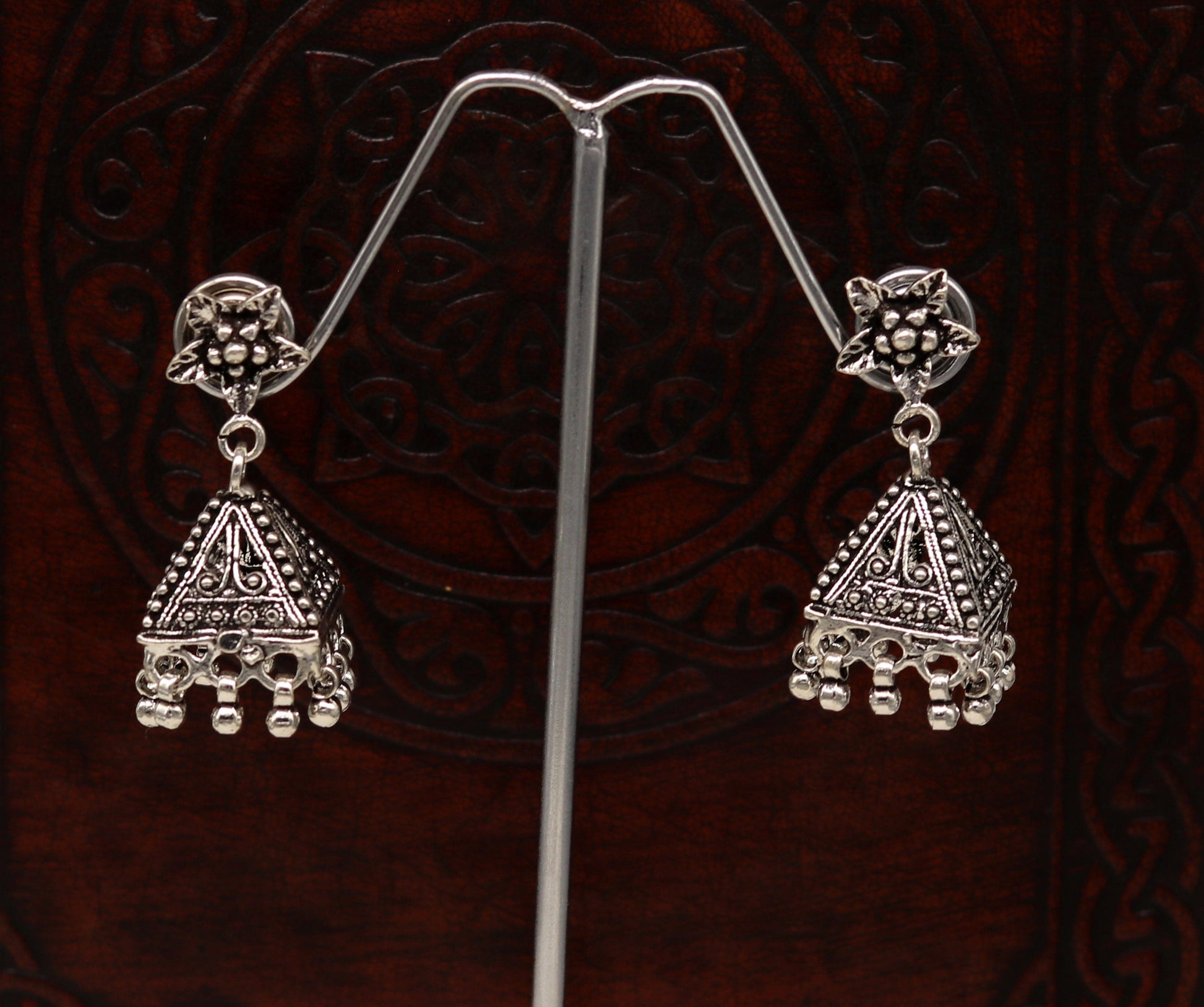 Vintage pyramid shape design handmade customized 925 sterling silver tribal belly dance  stud earring jhumki chandelier earring ear460 - TRIBAL ORNAMENTS
