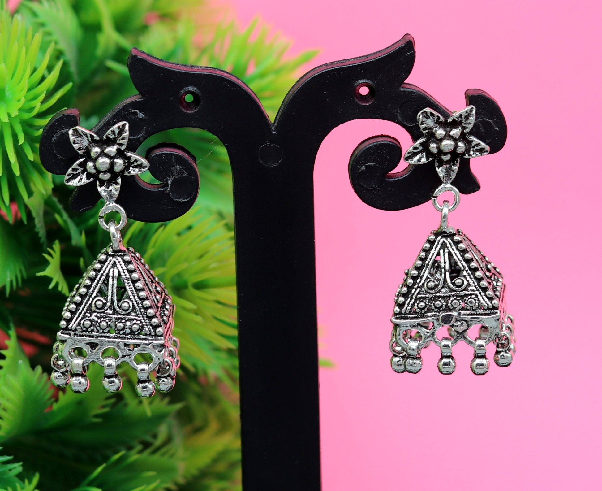 Vintage pyramid shape design handmade customized 925 sterling silver tribal belly dance  stud earring jhumki chandelier earring ear460 - TRIBAL ORNAMENTS