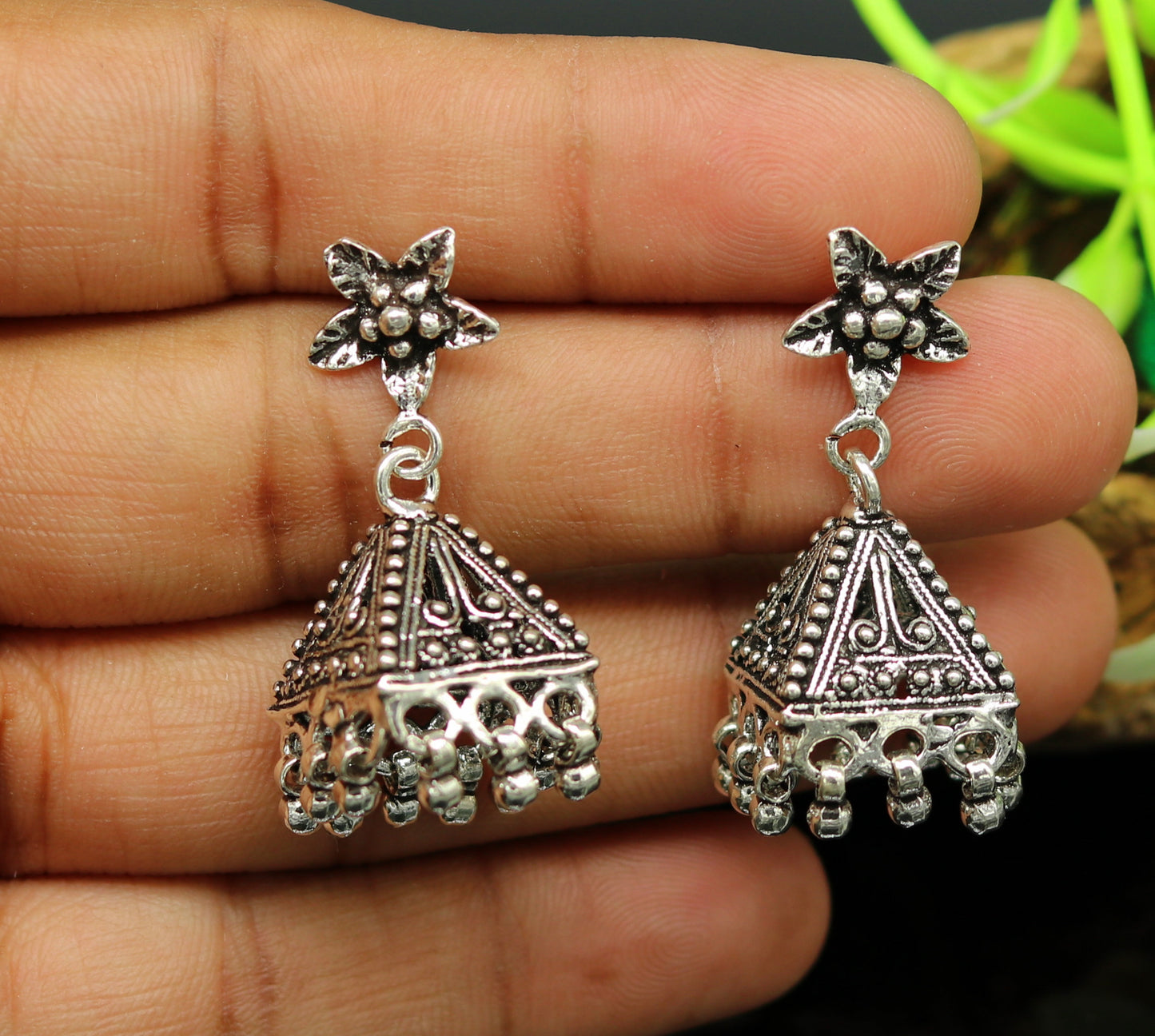 Vintage pyramid shape design handmade customized 925 sterling silver tribal belly dance stud earring jhumki chandelier earring ear460 - TRIBAL ORNAMENTS