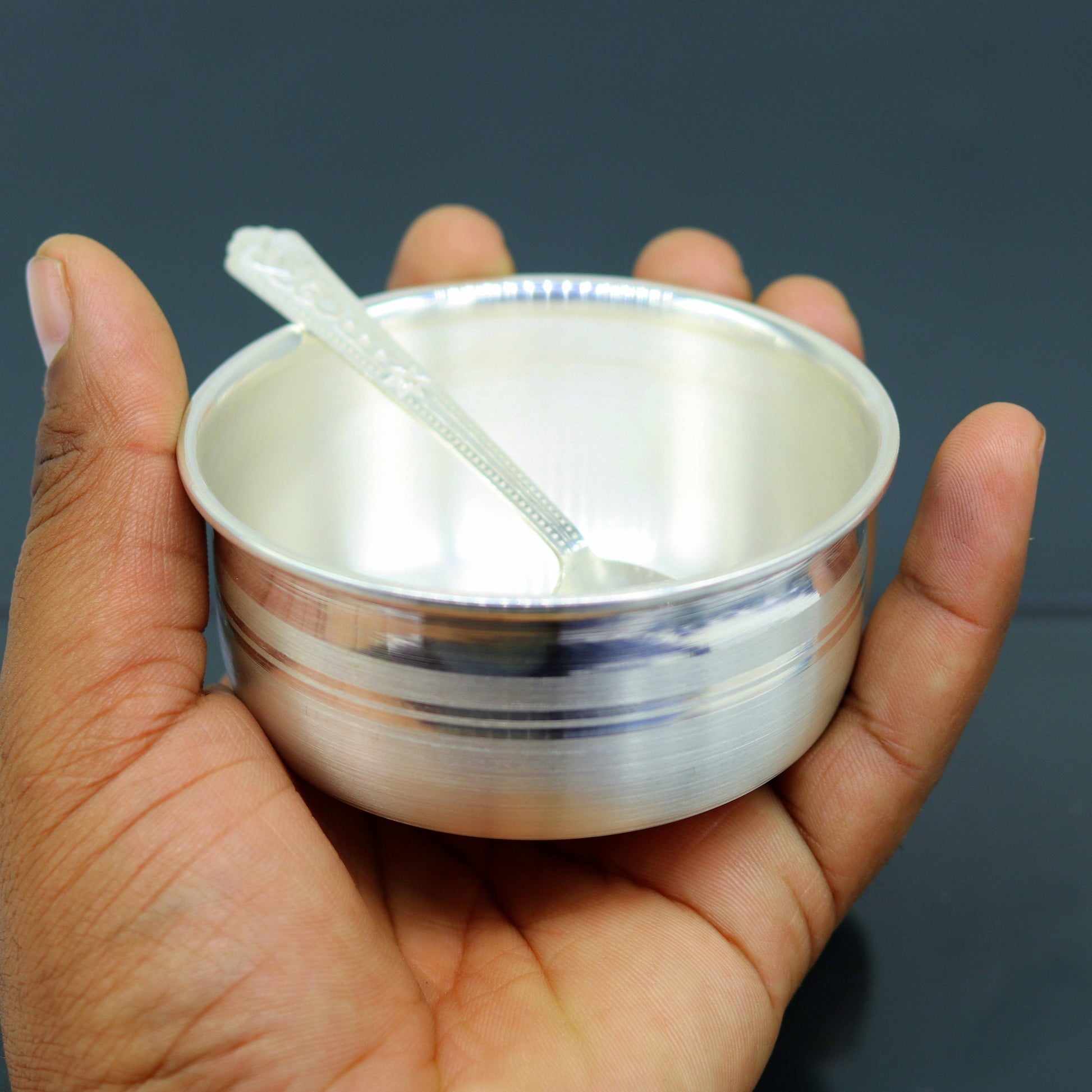 999 pure fine silver handmade silver bowl and spoon set, silver utensils silver art, tray stay baby/kids healthy, silver vessels sv75 - TRIBAL ORNAMENTS