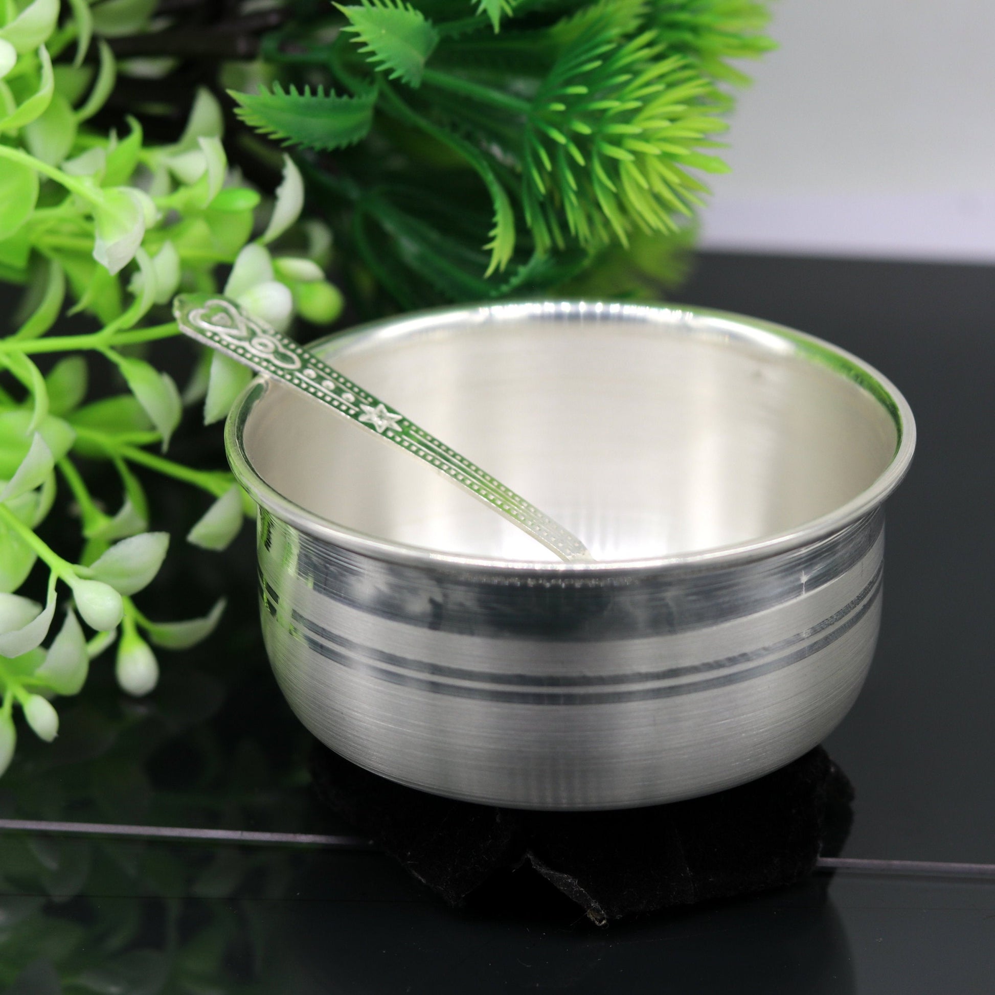 999 pure fine silver handmade silver bowl and spoon set, silver utensils silver art, tray stay baby/kids healthy, silver vessels sv75 - TRIBAL ORNAMENTS