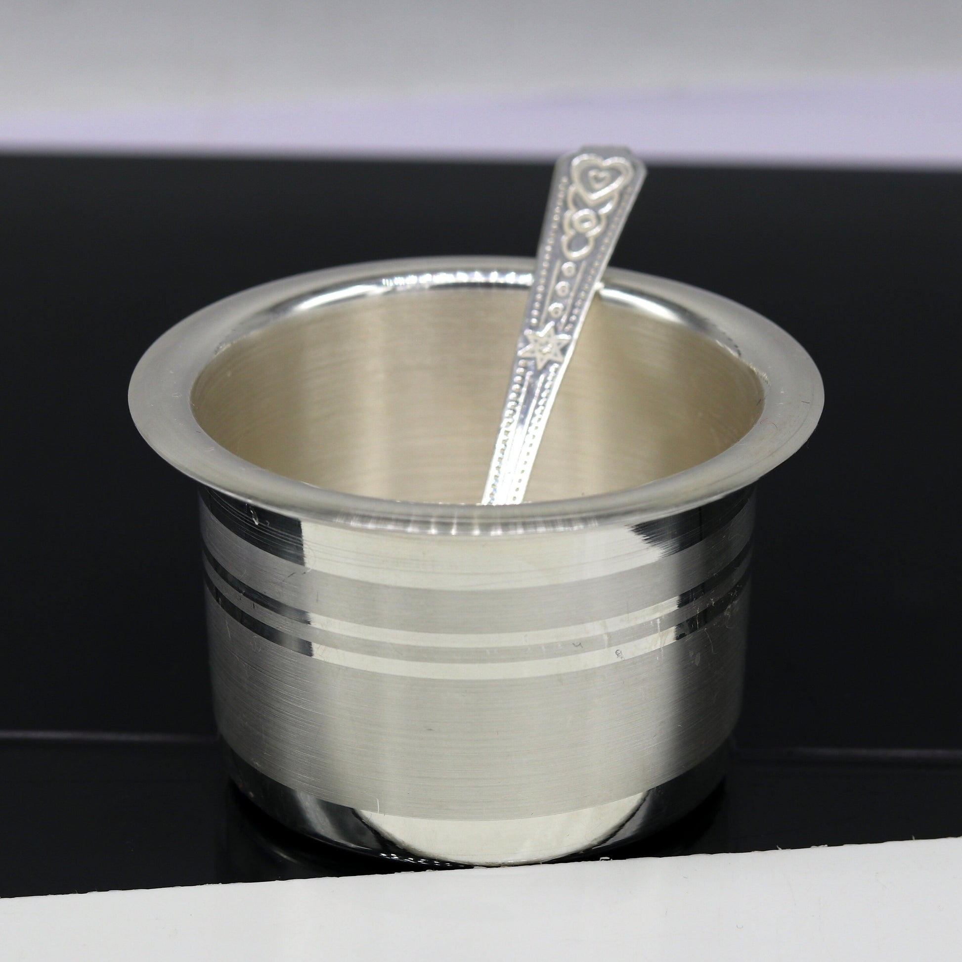 999 pure silver handmade solid bowl and spoon, silver baby feeding set tumbler bowl, stay healthy, silver utensils for rice ceremony sv78 - TRIBAL ORNAMENTS