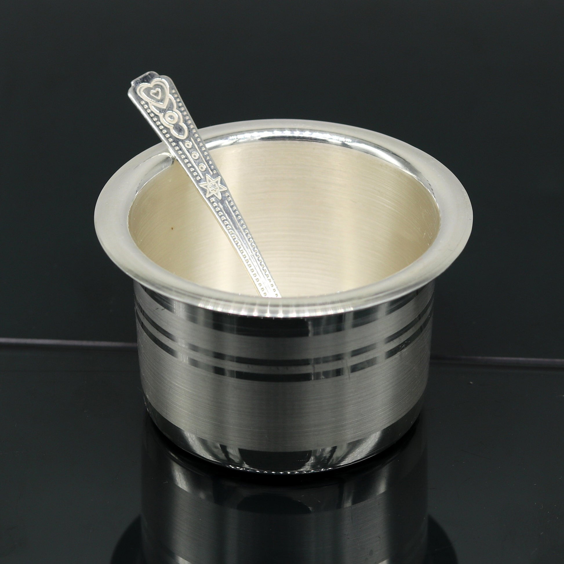 999 pure silver handmade solid bowl and spoon, silver baby feeding set tumbler bowl, stay healthy, silver utensils for rice ceremony sv78 - TRIBAL ORNAMENTS