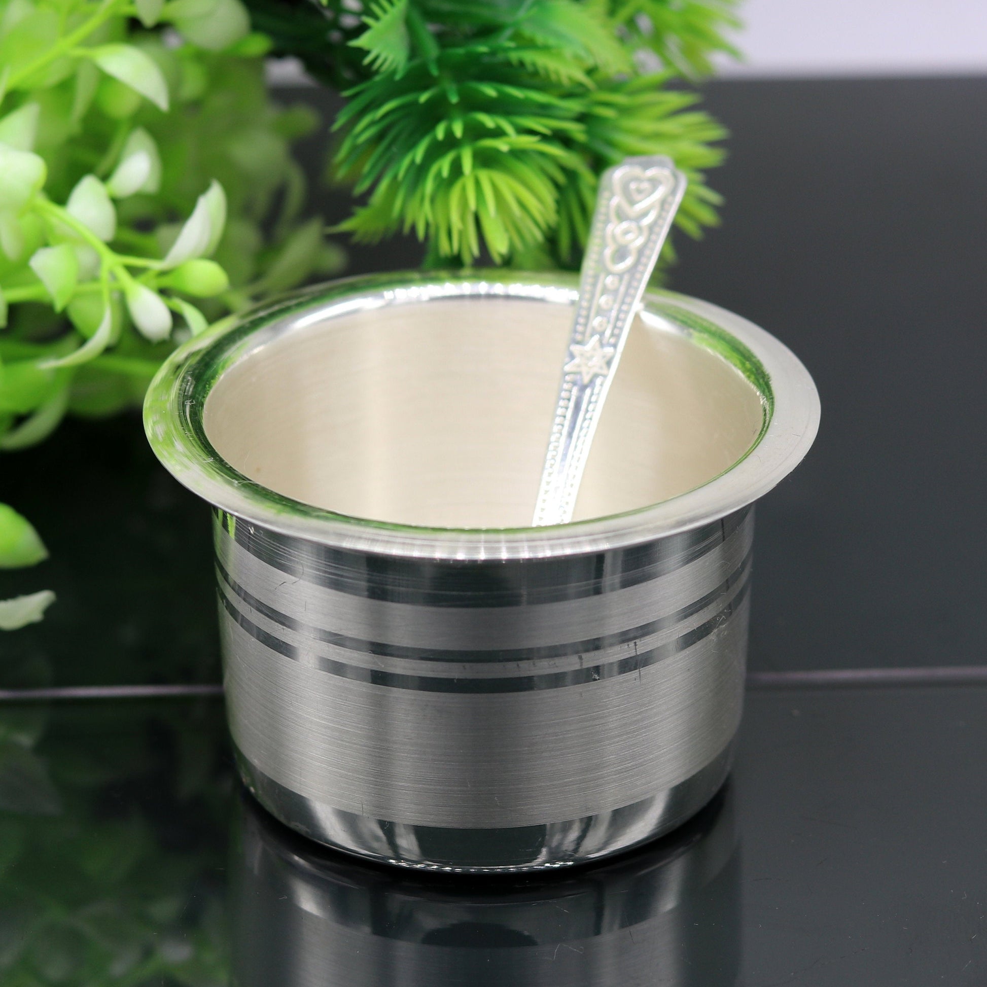 999 pure silver handmade solid bowl and spoon, silver baby feeding set tumbler bowl, stay healthy, silver vessels, silver utensils sv78 - TRIBAL ORNAMENTS