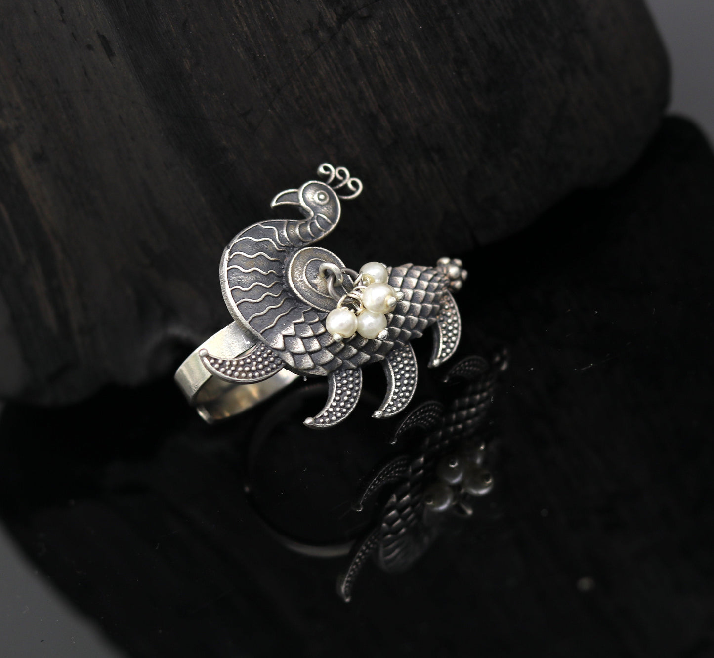 925 sterling silver handmade vintage antique customized peacock style amazing pearl ring, adjustable charm ring, bridesmaid gift ring215 - TRIBAL ORNAMENTS