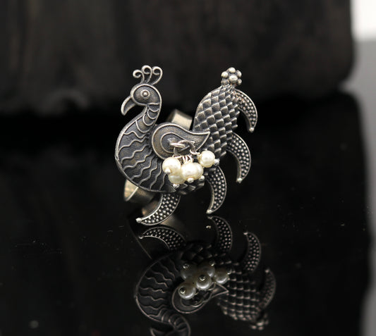 925 sterling silver handmade vintage antique customized peacock style amazing pearl ring, adjustable charm ring, bridesmaid gift ring215 - TRIBAL ORNAMENTS