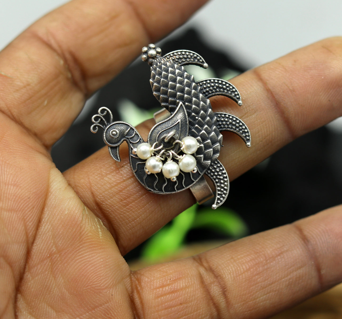925 sterling silver handmade vintage antique customized peacock style amazing pearl ring, adjustable charm ring, bridesmaid gift ring215 - TRIBAL ORNAMENTS