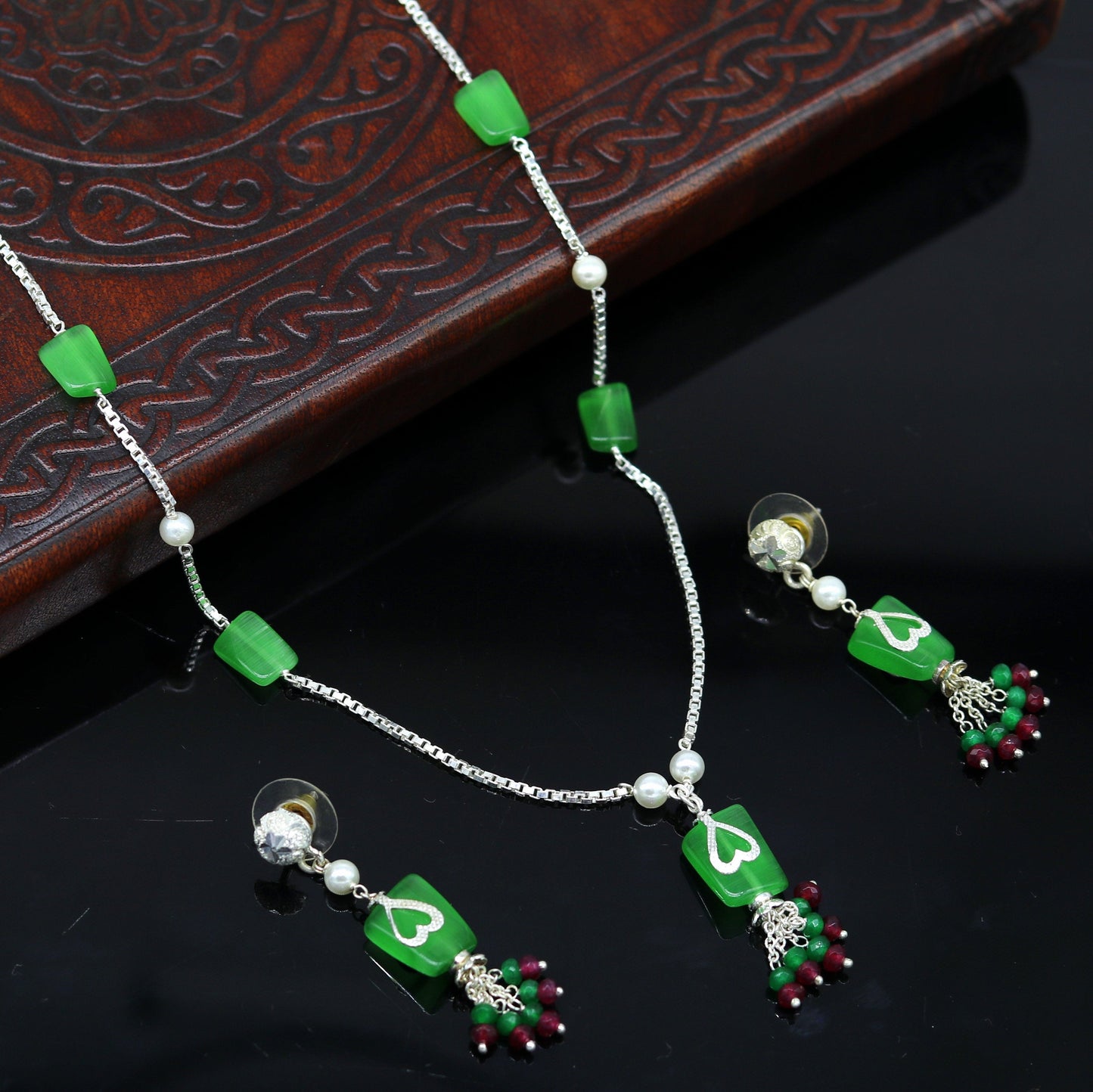 925 Sterling silver rectangular semi precious green stone short charm necklace, best gift for her, bridal set light weight belly dance nec76 - TRIBAL ORNAMENTS