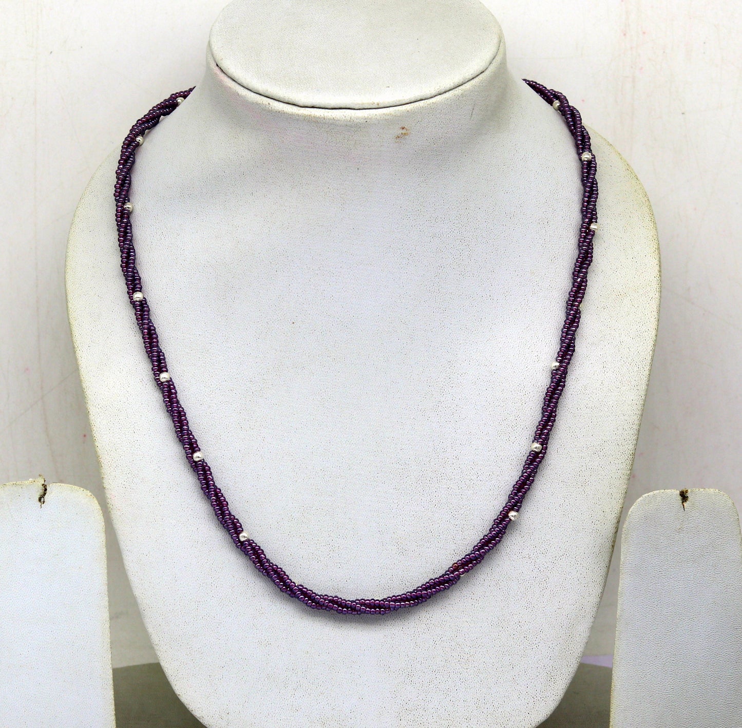 19" Exclusive Customized beaded necklace triple strands semiprecious purple beads, randomly 925 silver beads placed galaxy necklace set140 - TRIBAL ORNAMENTS